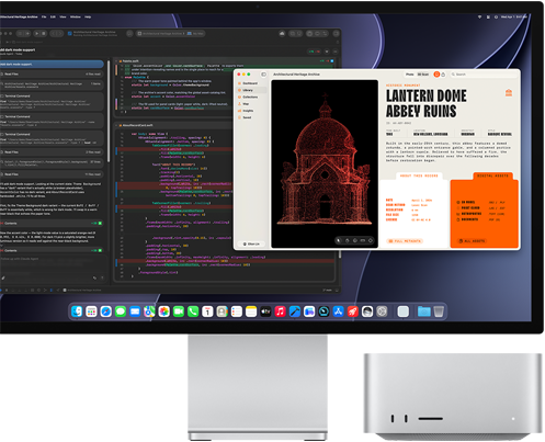 Studio Display XDR, das Display zeigt ein Dokument in Claude Agent in XCode, Mac Studio, Vorderansicht