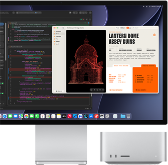 Studio Display XDR, das Display zeigt ein Dokument in Claude Agent in XCode, Mac Studio, Vorderansicht
