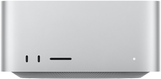 Mac Studio, Vorderseite, zwei USB‑C Anschlüsse, SDXC Kartensteckplatz, Statusanzeige, nach unten zulaufender Sockel, flache Oberseite, gerundete Ecken, gerade Kanten, Silber