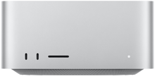 Mac Studio, Vorderseite, zwei USB‑C Anschlüsse, SDXC Kartensteckplatz, Statusanzeige, nach unten zulaufender Sockel, flache Oberseite, gerundete Ecken, gerade Kanten, Silber