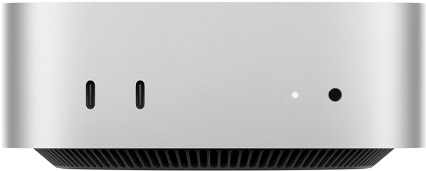 Mac mini, Vorderseite, zwei Thunderbolt Anschlüsse, Statusanzeige und Kopfhöreranschluss, schmal zulaufende Basis unten, flache Oberseite, gerundete Ecken, gerade Kanten, Farbe Silber
