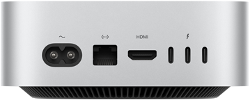 Mac mini, Rückseite, Netzanschluss, Ethernet Anschluss, HDMI Anschluss, drei Thunderbolt Anschlüsse