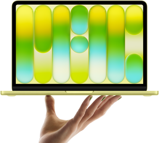 Das MacBook Neo in Farbe Zitrus wird auf den Fingerspitzen einer geöffneten Hand balanciert, das Display zeigt ein farbiges, abstraktes Muster