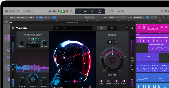 Bildschirminhalt, der die MicDrop Software mit KI Features beim Bearbeiten einer Sprachaufnahme auf einem MacBook Pro zeigt