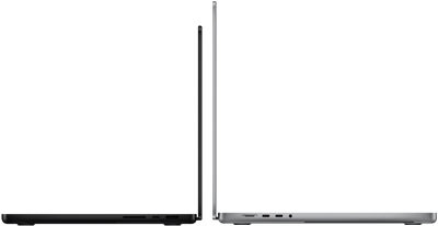 14" und 16" MacBook Pro Geräte stehen mit den Rückseiten zueinander, um den Größenunterschied und das schmale Profil zu verdeutlichen