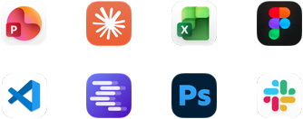 App Symbole für Microsoft PowerPoint, Claude von Anthropic, Microsoft Excel, Figma, Visual Studio Code, LM Studio, Adobe Photoshop und Slack