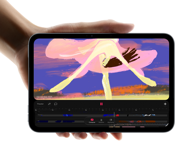 iPad mini, wird in der Hand gehalten, Vorderansicht, zeigt die Schnittstelle für die Videobearbeitung mit bunten Clips, A20 Pro Chip unten erwähnt