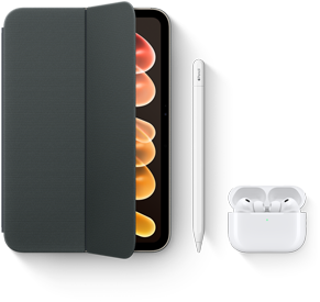 iPad mini, gezeigt mit kompatiblem Zubehör, darunter Smart Folio für iPad mini (A20 Pro), Apple Pencil USB‑C und AirPods Pro 3