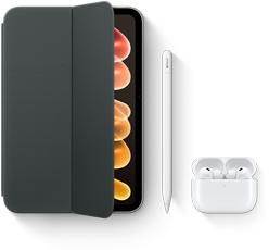 iPad mini, gezeigt mit kompatiblem Zubehör, darunter Smart Folio für iPad mini (A20 Pro), Apple Pencil USB‑C und AirPods Pro 3