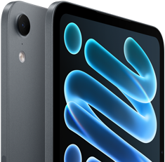 iPad mini, in Mitternacht, Rückansicht mit Kamera-Position und Vorderansicht in Diagonale, AppleCare+ Service mit Textbeschreibungen